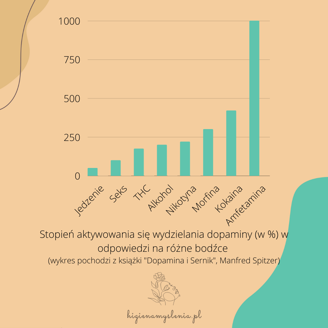Ile dopaminy wydziela się w wyniku jedzenia, seksu, THC, alkoholu, nikotyny, morfiny, kokainy i amfetaminy