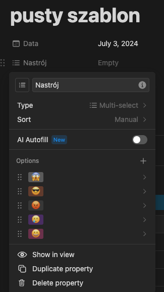 widok edycji atrybutu listy wielokrotnego wyboru w Notion