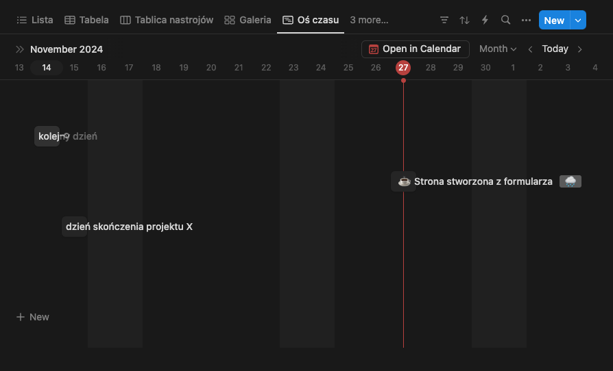 widok osi czasu w Notion